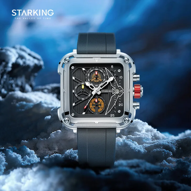 STARKING Luxury Brand Men Quartz Watch Fashion Square Silicone Strap 30M Waterproof WristWatch Multi-Function Dial Reloj TM1168