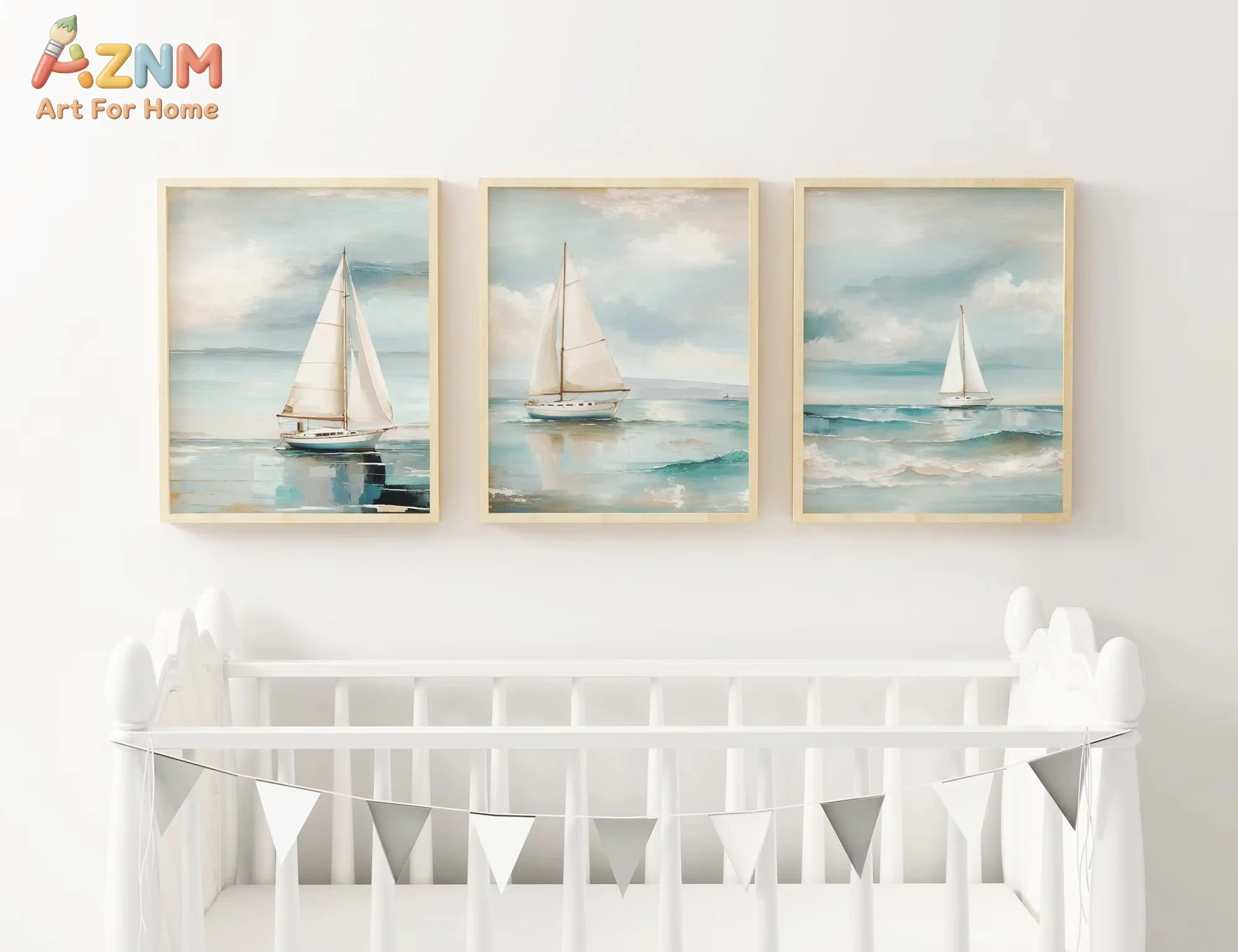 AZNM Retro Watercolor Ocean Wall Art Poster Nautical Sailboat Oil Painting Prints on Canvas Living Room Home Decor Gift Idea