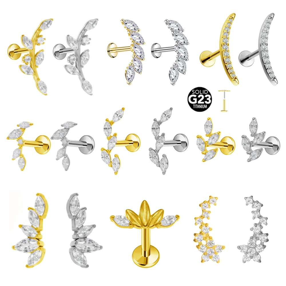 ASTM F136 G23 tytanowy piercing oddział kolczyk Stud Moon Push In CZ bezgwintowy Labret Piercing 16/18/20G chrząstka biżuteria do ciała