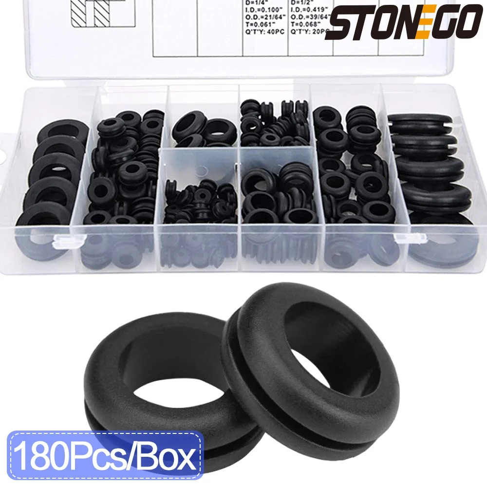 STONEGO 180Pcs/Box Rubber Grommet Kit Rubber Grommets for Wiring Assorted Size Grommet Tool Kit for Automotive & Electrical Wire