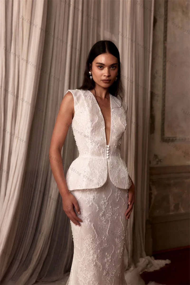 Bainha de luxo vestido de baile de casamento sexy sem mangas com decote em v vestido de noite de noiva personalizado rendas até voltar longo boho praia robe