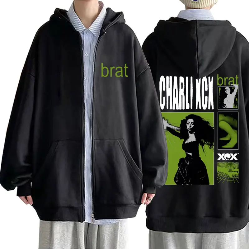 

Pop Singer Charli Xcx Brat Graphic Zipper Hoodie Men Women Hip Hop Fashion Oversized Zip Up Jacket Male Fleece Zip Up Hoodies