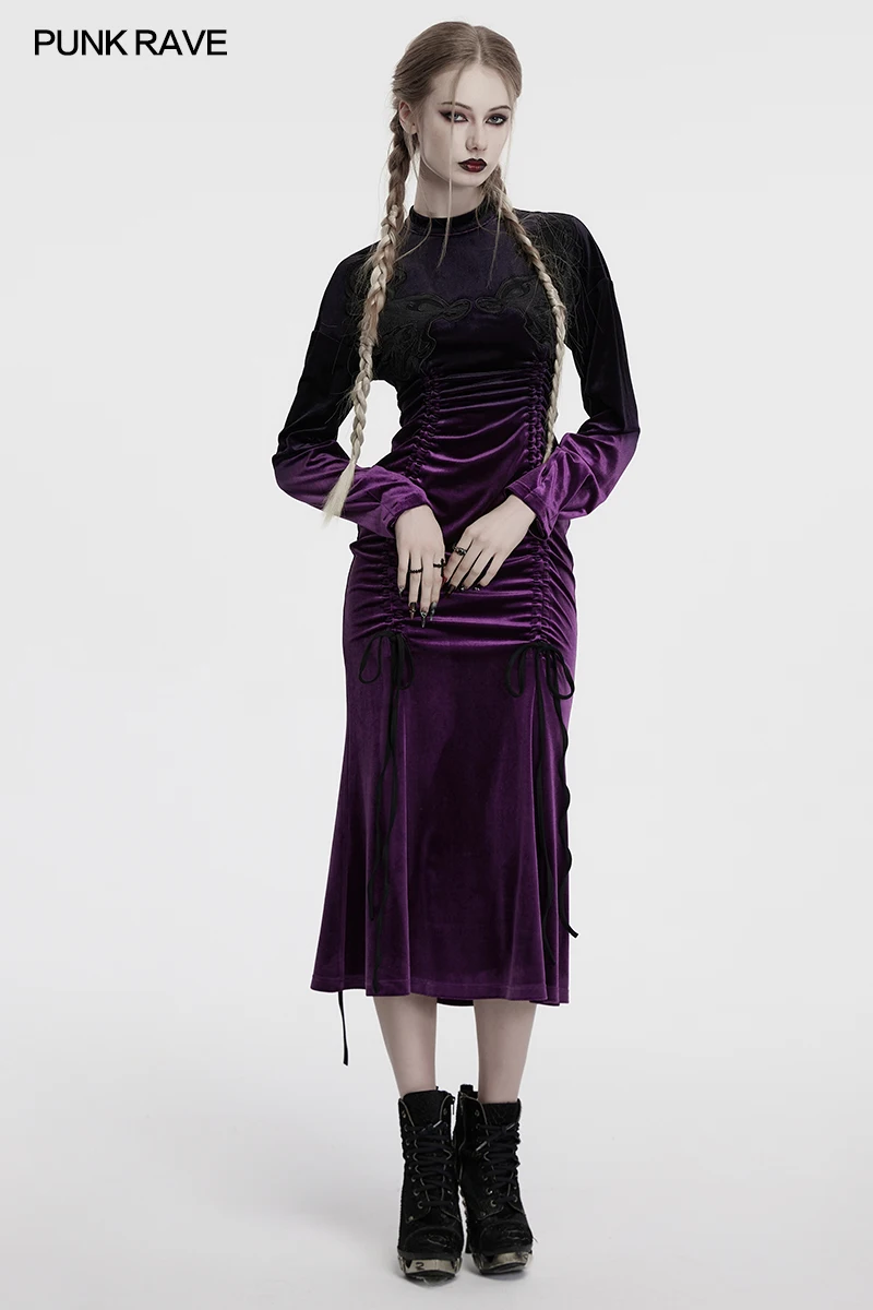Punk rave feminino gótico veludo gradiente design adiciona camadas vestido rabo de peixe bainha elegância estética pregas ajustáveis vestidos longos