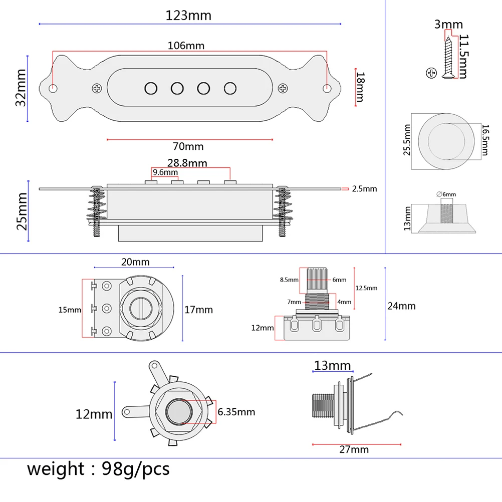 

Pickup High Permeability Soundhole Metal Dark Red Guitar Four-string -pole Replacement