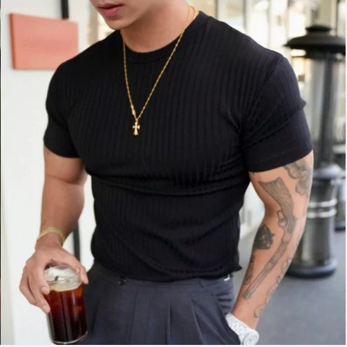 

Fashion Muscle Fitness Men's Summer Sports Fitness Leisure Round Neck Elastic Short Sleeve Vertical Stripe T-shirt