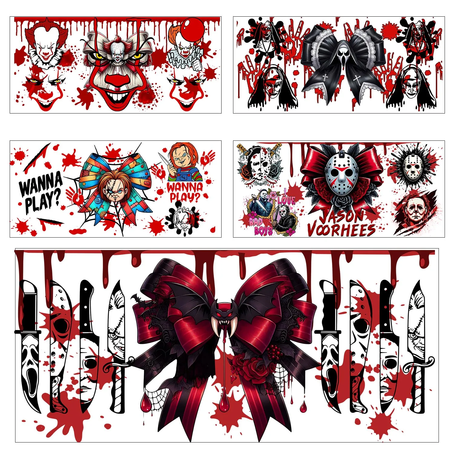 

1/5 sheets Horror movie killer series easy peel waterproof DIY Decals 3D transfers uvdtf tumbler sticker 16oz uv dtf cup wraps