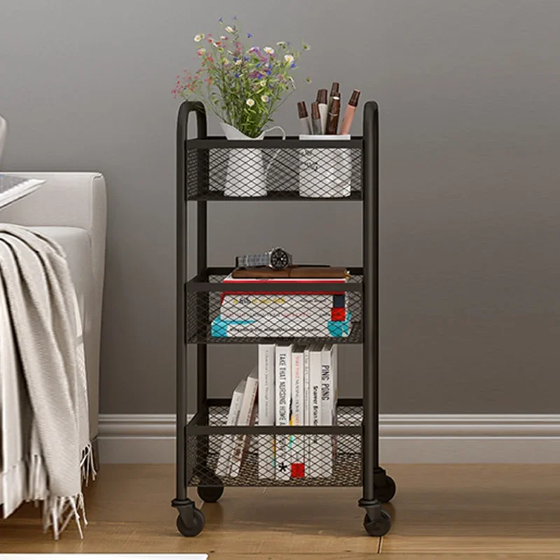 Nordic Kitchen Storage Shelves 3 Layer Floor Stand Iron Hand Cart with Wheels Home Living Room Organization Racks