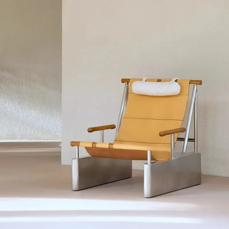 

Medieval style creative Bauhaus stainless steel recliner leather single chair industrial style leather stainless steel leisure