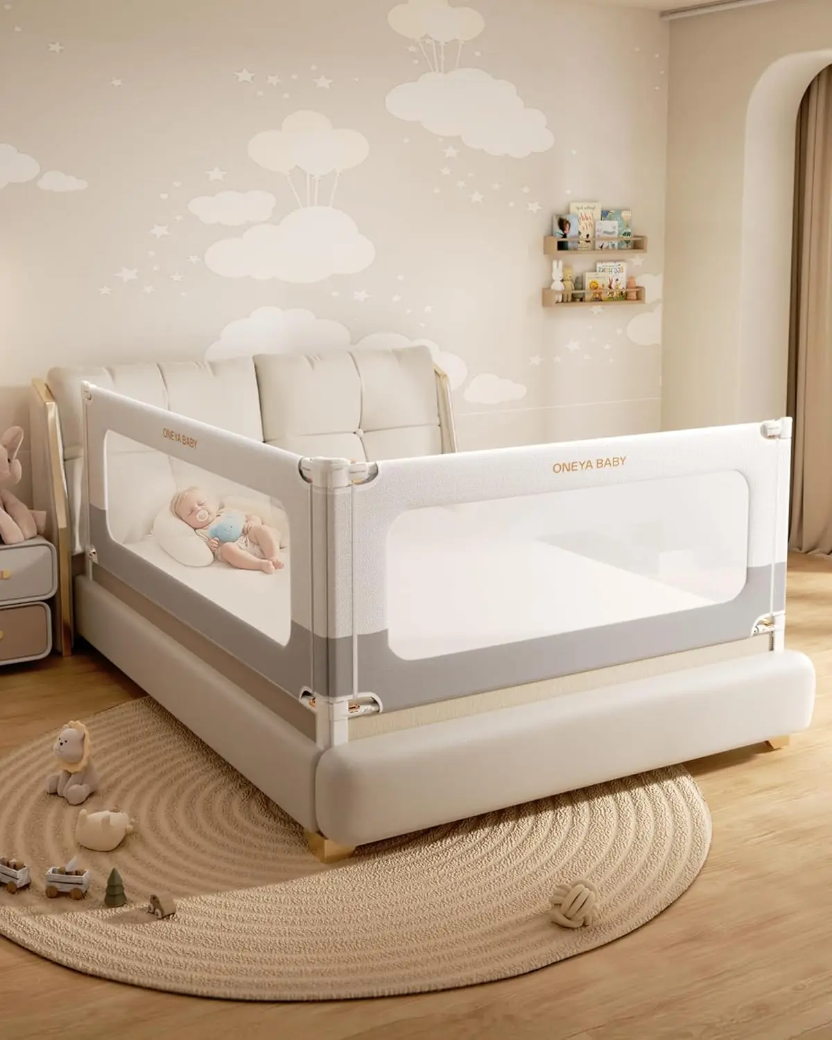 

2-Piece King Size Bed Rails, No-Drill Adjustable Safety Guard for Toddlers, White/Grey 74.8x78.7 Inches