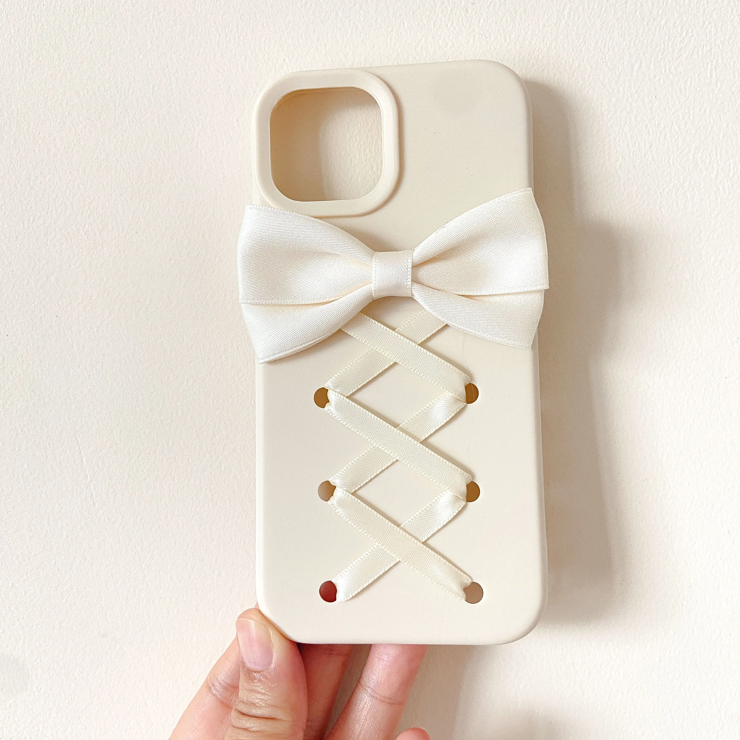 Cute Cream White Bow Phone Case for iPhone 17 16 15 14 13 12 Pro Max Soft Silicone Cross Ribbon Decoration Girly Cover for Women view 2