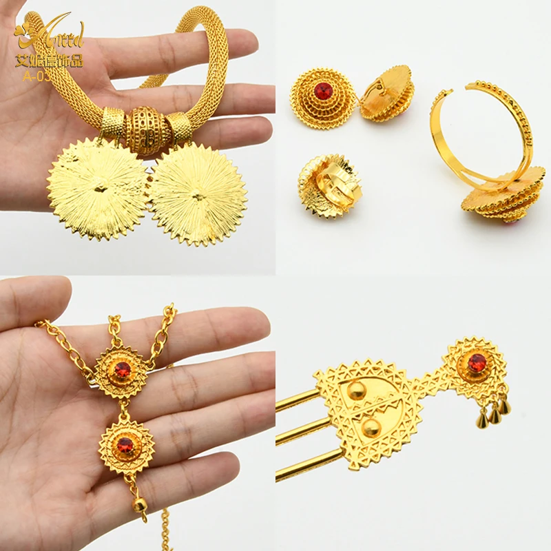 ANIID Ethiopian Gold Plated 6PCS Jewelry Set For Women Indian Red Crystal Habesha Luxury Jewellery Sets Wedding Party Gifts