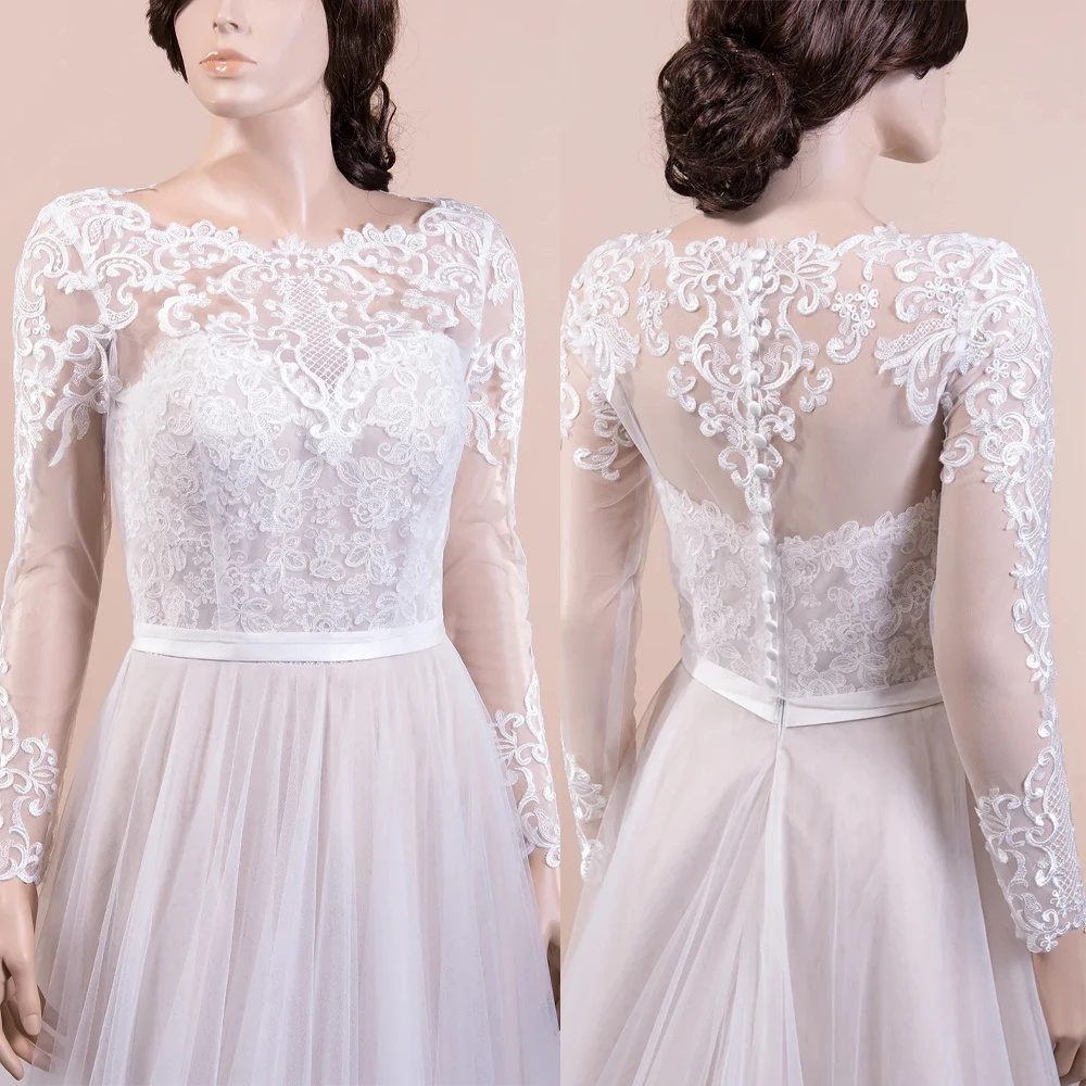 Elegant White Illusion Neckline Sheer Lace Long Sleeve Bridal Jacket with Scalloped Hem and Pearl Button Back Customizd J26673