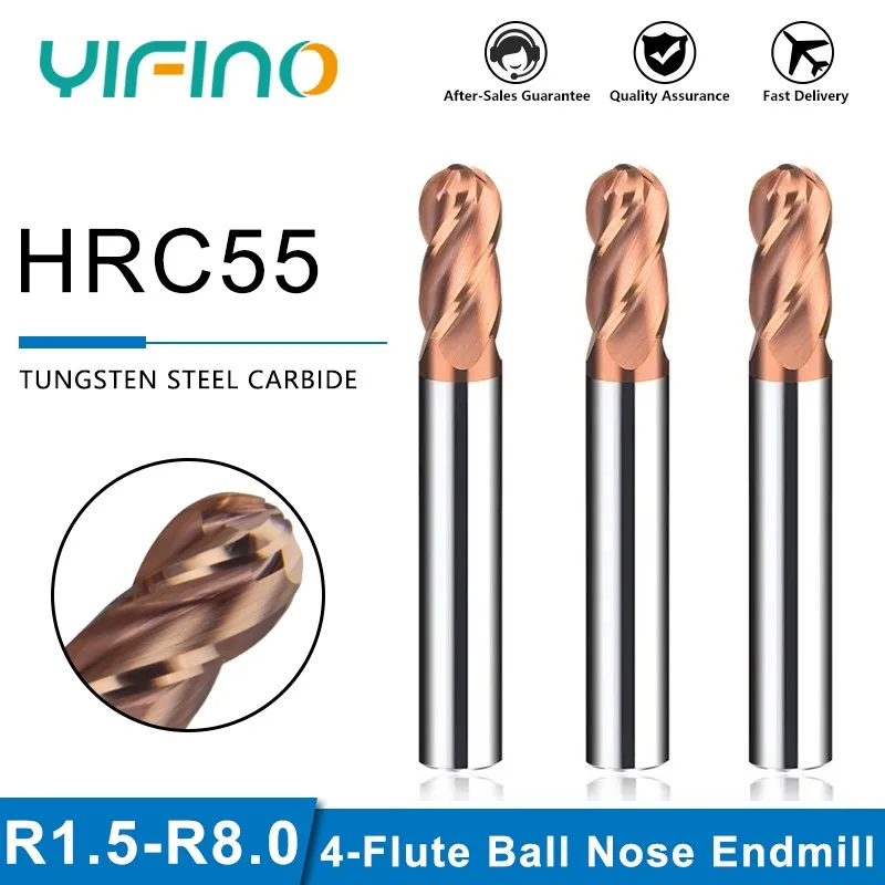 

YIFINO HRC55 4-Flute Ball Nose End Mill Tungsten Steel Carbide Coating Milling Cutter For CNC Machining Center Endmills Tools