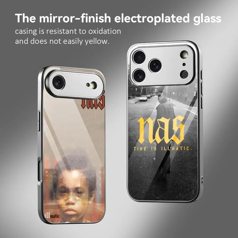 N-nas Rapper Handyhülle für iPhone 12–17 Serie, galvanisierter Metall-Bumper mit gehärteter Glasrückseite
