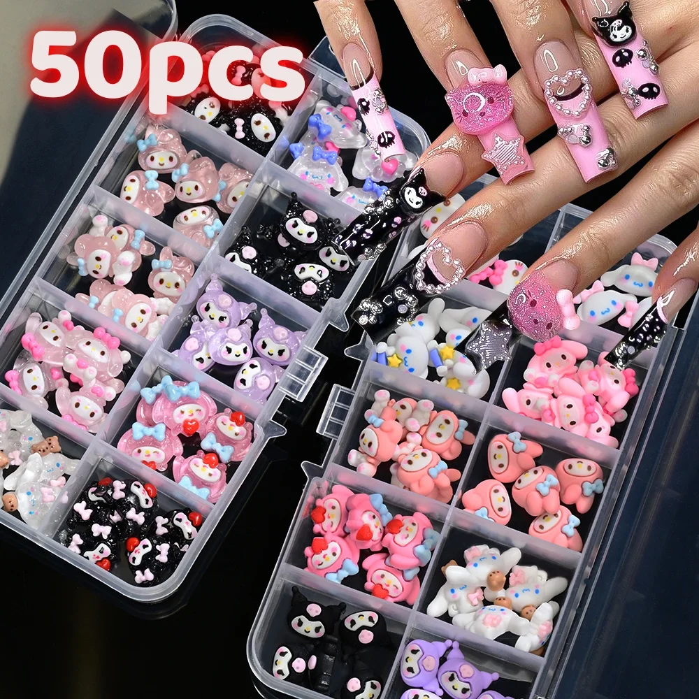 

50pcs Mixed Cartoon Dogs Kuromi Nail Accessories Cinnamoroll My Melody 3D Resin Nail Decorations y2k Rhinestones Manicure Charms