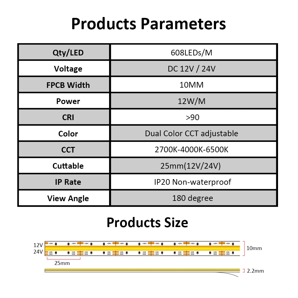 COB LED Light Strip 12V 24V DC 608 Diodes CCT Dimmable High Density Flexible Tape Ribbon FCOB 10MM PCB Dual White Tape Lamp 5M