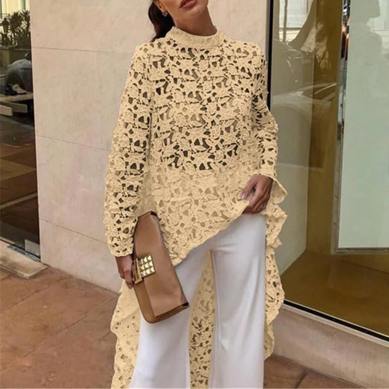 Women Fashion O-neck Loose Shirts Causal Long Sleeves Solid Color Pullover Tops Elegant Embroidery Hollow Out Irregular Blouses