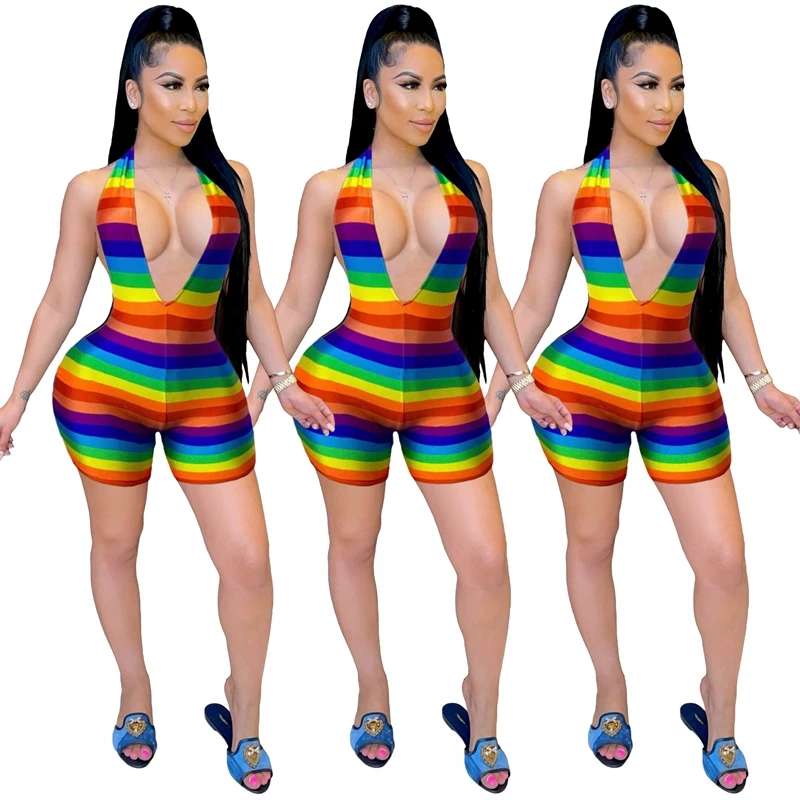 Regenbogen Drucken Backless Sexy Bodycon Strampler Frauen Overall Shorts Sommer Kleidung Ein Stück Club Outfits für Frauen Overalls