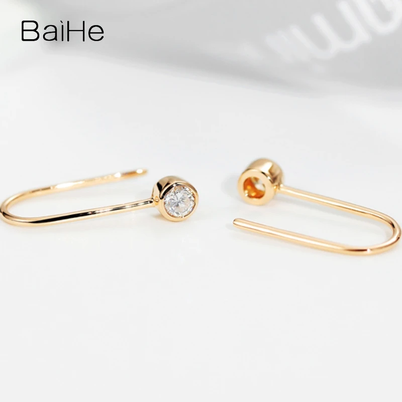 BAIHE Solid 14K Yellow Gold 0.20ct H/SI Round Natural Diamond Ear Hook earrings for women Wedding Trendy Fine Jewelry серьги