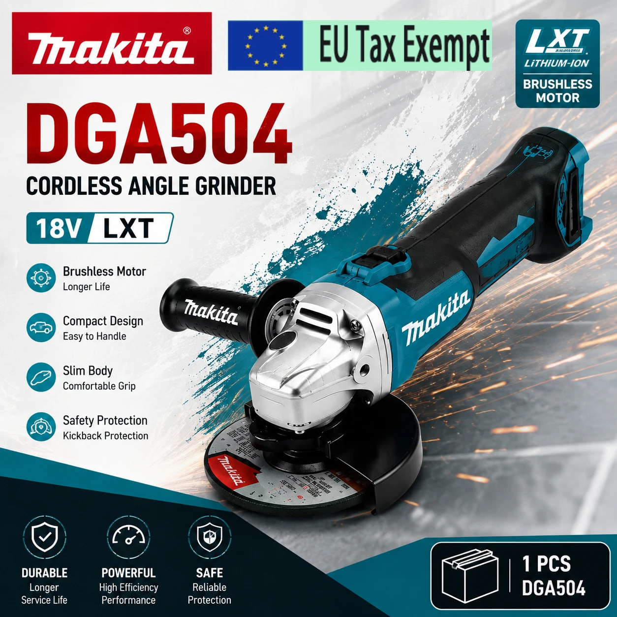Für Makita DGA504 18V LXT bürstenloser Akku-Winkelschleifer, kompaktes 125-mm-Schleif- und Schneidwerkzeug mit Rückstoßschutz, werkzeuglosem Schutz und Spindelverriegelung, akkubetrieben.