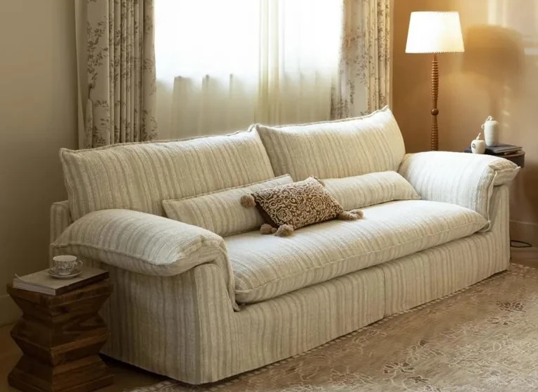 

Sofa living room retro French cotton and linen fabric straight row small apartment three-person removable and washable sofa