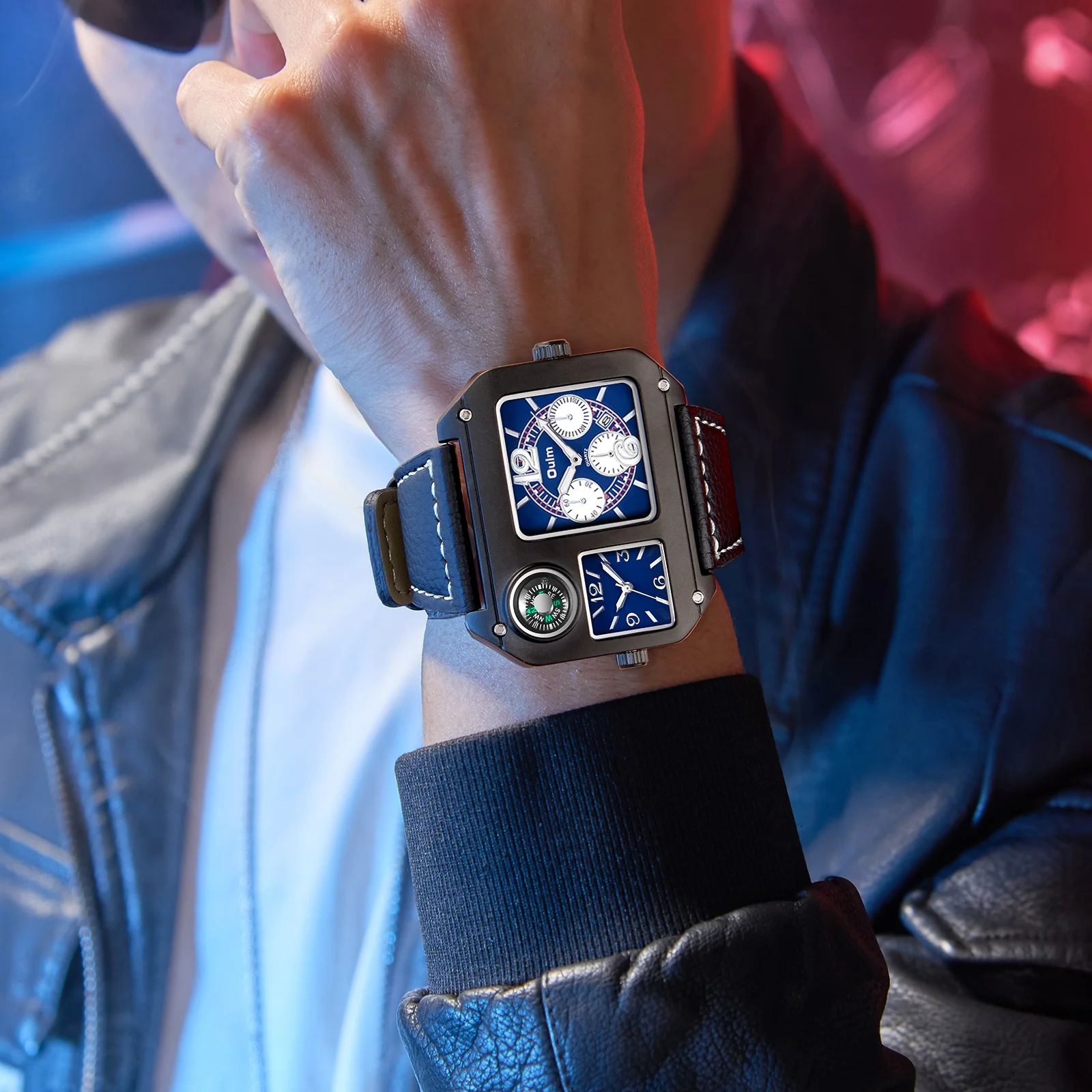 Oulm الأصلي 9150 منطقتين زمنيتين ساعة رياضية كبيرة الحجم كبيرة الحجم ساعة كوارتز رجالية بوصلة مزخرفة ساعات عسكرية للرجال #4