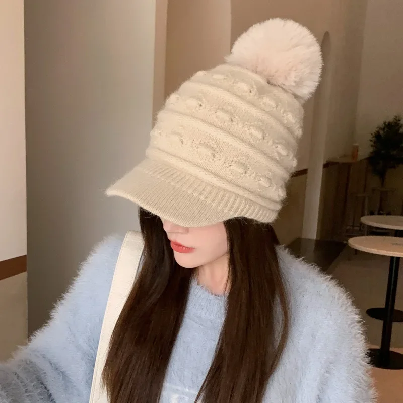 Gorra de béisbol cálida y bonita para mujer, gorro de compras informal a la moda con gorro de lana tejido frío y cálido, gorro de algodón para estudiantes
