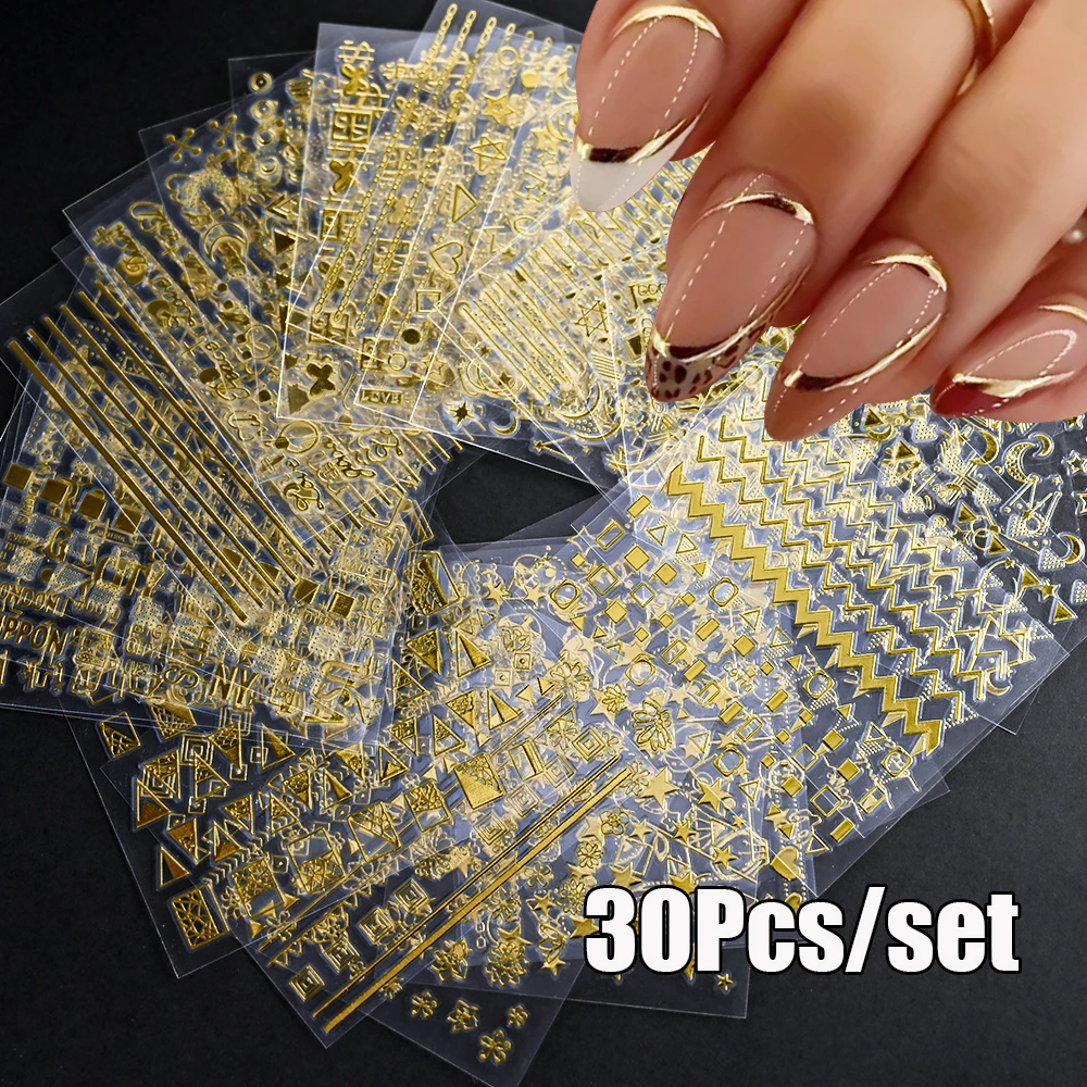 Conjunto de 30 adesivos da arte do prego, nail art adesivos, geométrico 3d, estrela, lua, carta, luxo, 5,5x6cm