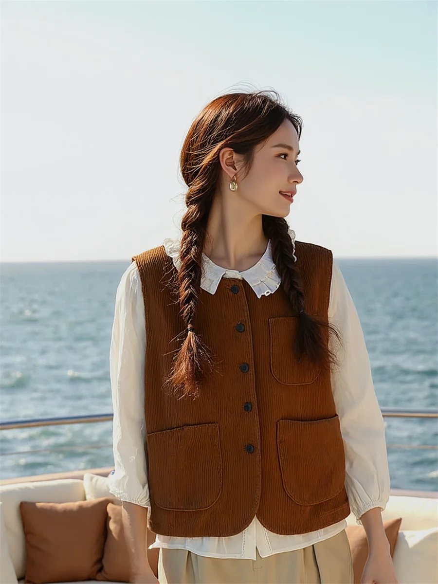 

Women'S Vests Tops For Woman Brown All-Match Autumn Thick Plaid Checkered Argyle Sleeveless Button-Up British Style Preppy