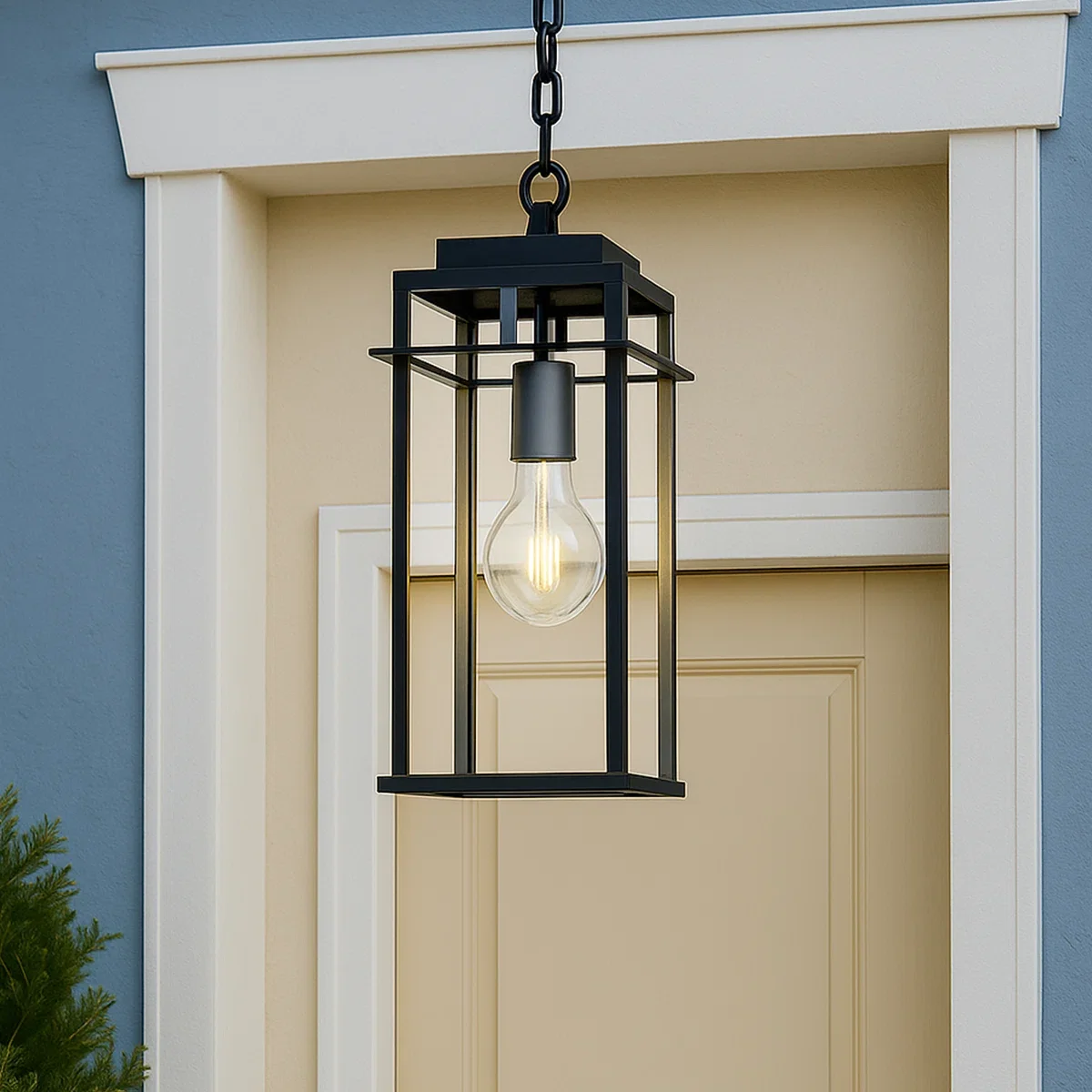 Black Iron Outdoor Hanging Lantern, Tempered Glass Porch Light, ETL Certified E26 Base Patio Entryway Lamp (Bulb Not Included)