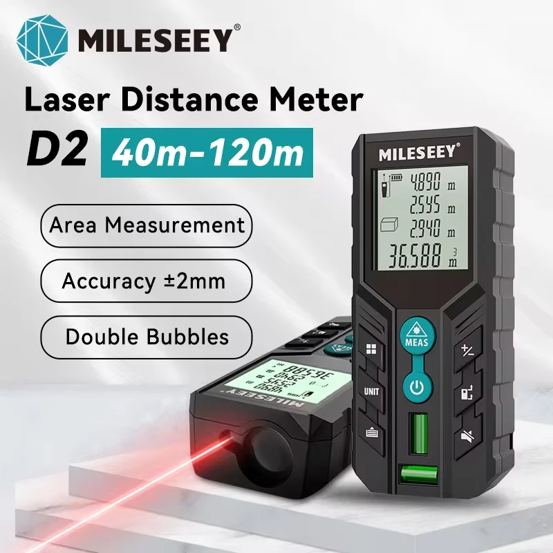 Mileseey D2 Entfernungslasermessgerät, 40 m, 120 m, digitales Trena-Messgerät, Doppelniveau-Blasen, Entfernungsmesser für Zuhause