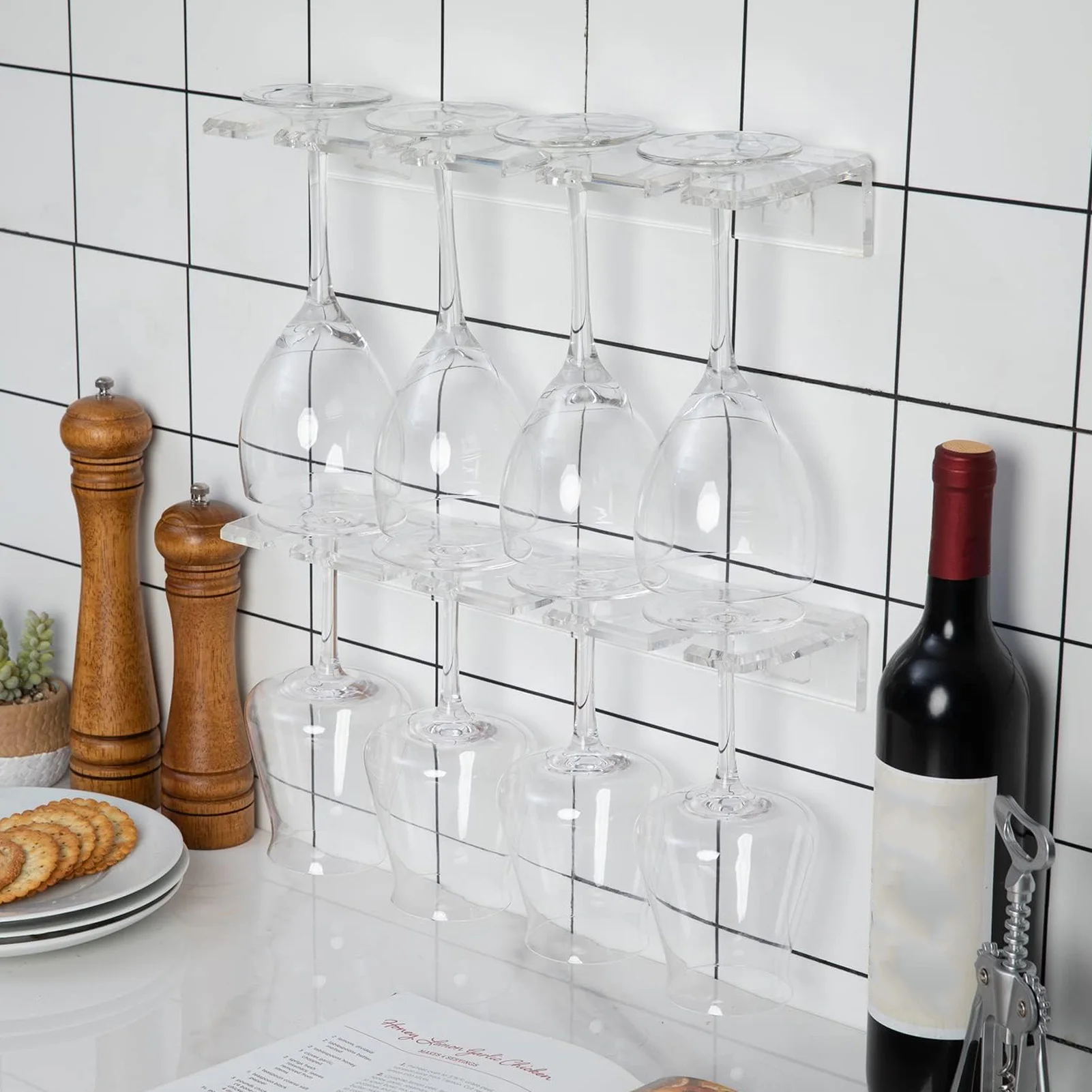 

2Pcs Wall Mounted Acrylic Wine Glass Holder Space Saving Stemware Hanging Rack Under Cabinet Wine Glass Rack For 8 Stemmed