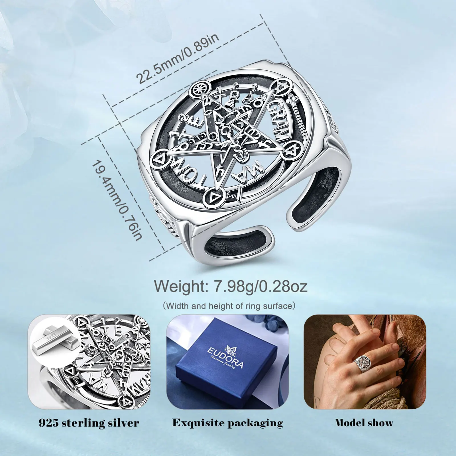 Eudora 925 Sterling Silver Pentagram Adjustable Ring Amulet Guardian Star Tetragrammaton Ring Hip Hop Jewelry Gift for Men Women