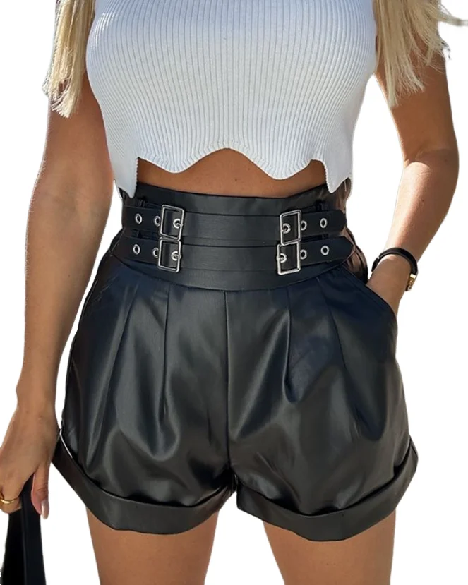 Leather Pants for Women 2023 Winter New Fashion Casual High Waisted Versatile Pu Leather Buckled Ruched Shorts Sexy Hot Pants