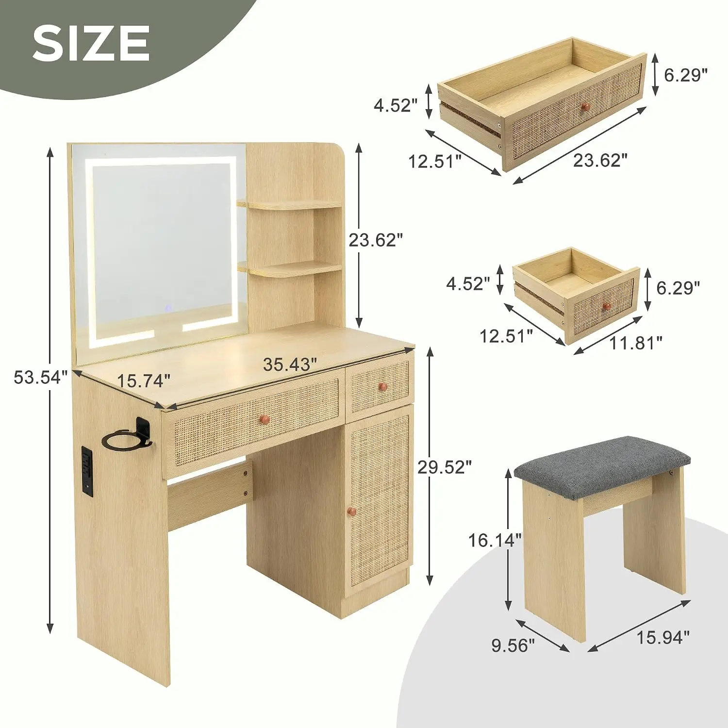 Boho Makeup Vanity Desk with LED Lighted Mirror & Power Strip, Small Wooden Dressing Table Set with Rattan Drawers, Customized