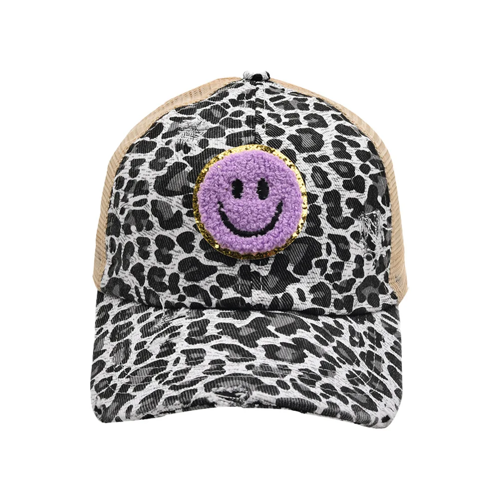 Girl\'s Cute Funny Baseball Caps Men Smile Patch Logo Sports Sun Hats Women Fashion Leopard Washed Cotton Snapback Cap gorras