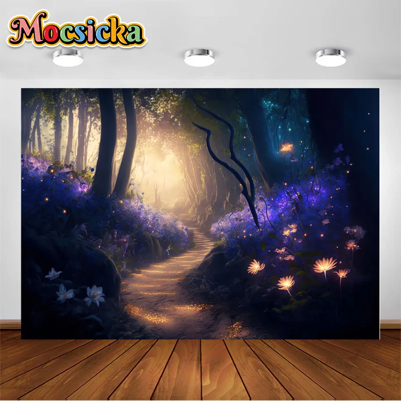 

Mocsicka Photography Backgrounds Night Fantasy Forest Fairytale Forest with Magical Glowing Flowers Backdrops Photocall Props