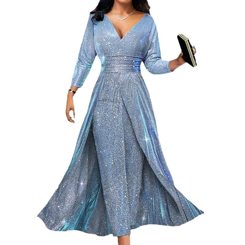 Mulheres lantejoulas elegante vestido de noite luxo com decote em v fino manga longa alta divisão em camadas hem midi vestido para festa de casamento data noite
