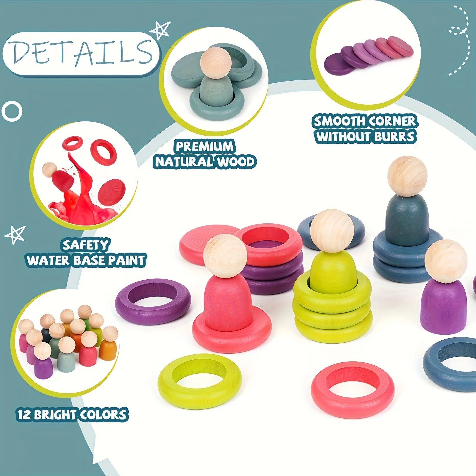 ألعاب مونتيسوري الخشبية لفرز الألوان وتكديس الحلقات، دمى قوس قزح، ألعاب العد، مكعبات بناء دائرية للأطفال الصغار