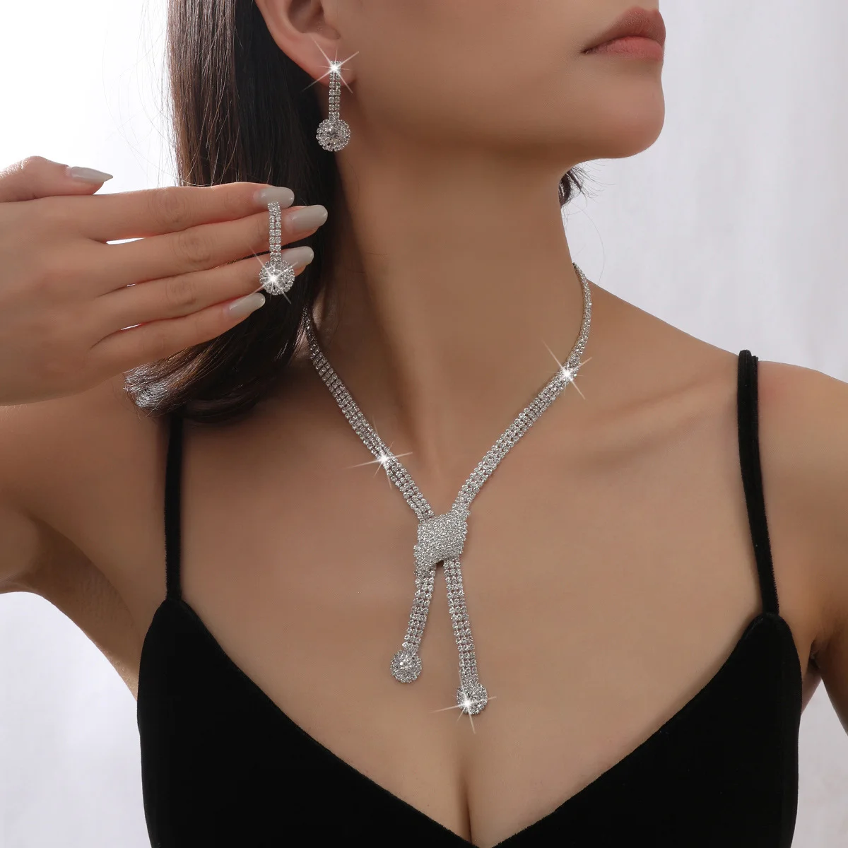 

Luxury Knot Tassel Crystal Jewelry Set for Women, Sparkling Rhinestone Necklace Earrings, Bridal Wedding Party Prom Gift