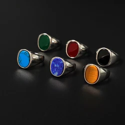 Vintage-Inspired Titanium Steel Ring with Natural Tiger Eye & Lapis Lazuli - Fashionable Oval Stone Design Ring