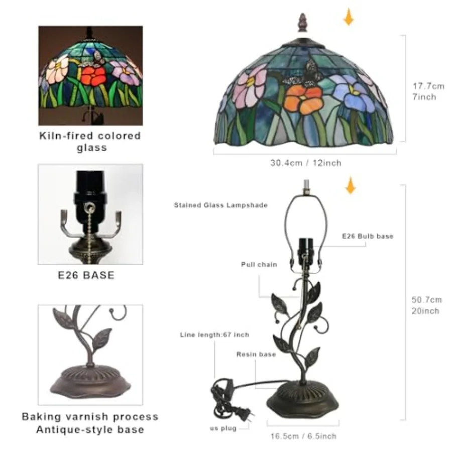 Tiffany table lamp for living room, stained glass and metal leaf base, bronze finish, handcrafted geometric pattern with warm a