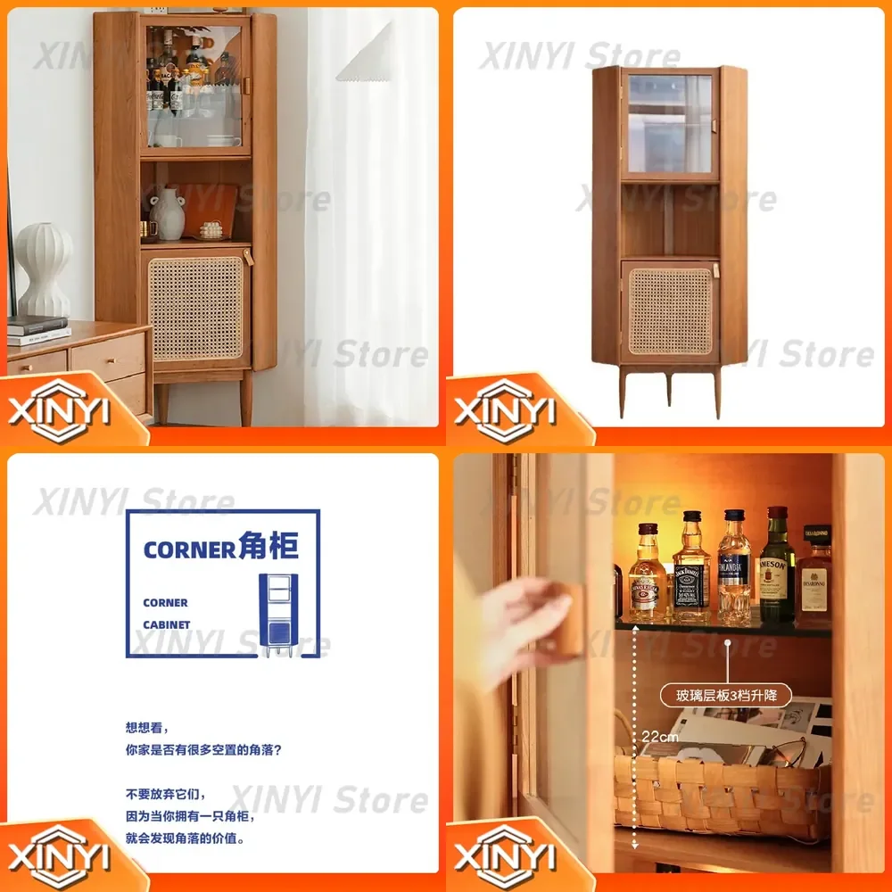 Corner Cabinet for Nordic Style Living Room Corner Cherry Solid Wood Triangular Rattan Shelf Pentagon Side Cabinet for Guest
