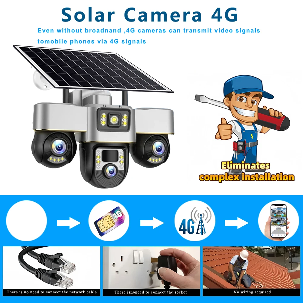 4G Solar Cameras Outdoor Three Lens Three Screen 15MP Support PTZ Control 10X Zoom Security Battery Surveillance V380 Pro Camera
