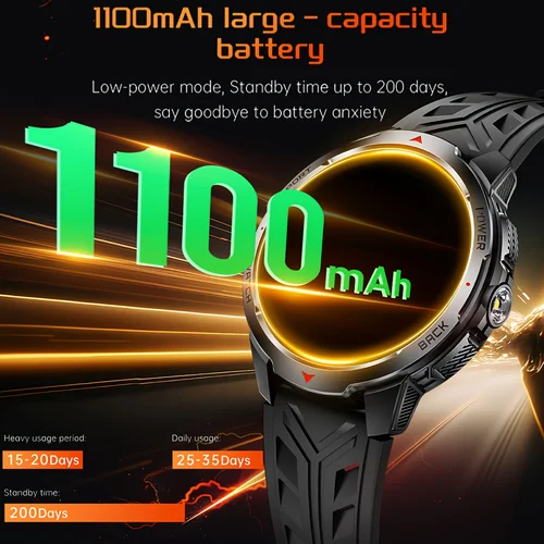 Imagen 2 del producto Reloj inteligente con linterna LED para exteriores, brújula KT88, llamadas BT, rastreador de ejercicios multideportivo para hombres, reloj inteligente con batería grande de 1100Mah