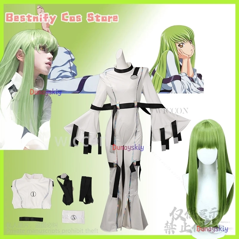 C.C 코스프레 Costume Anime Lelouchh White Bodysuit Uniform Y2K Sexy Jumpsuit Green Wigs For Halloween Christmas Girls Customized
