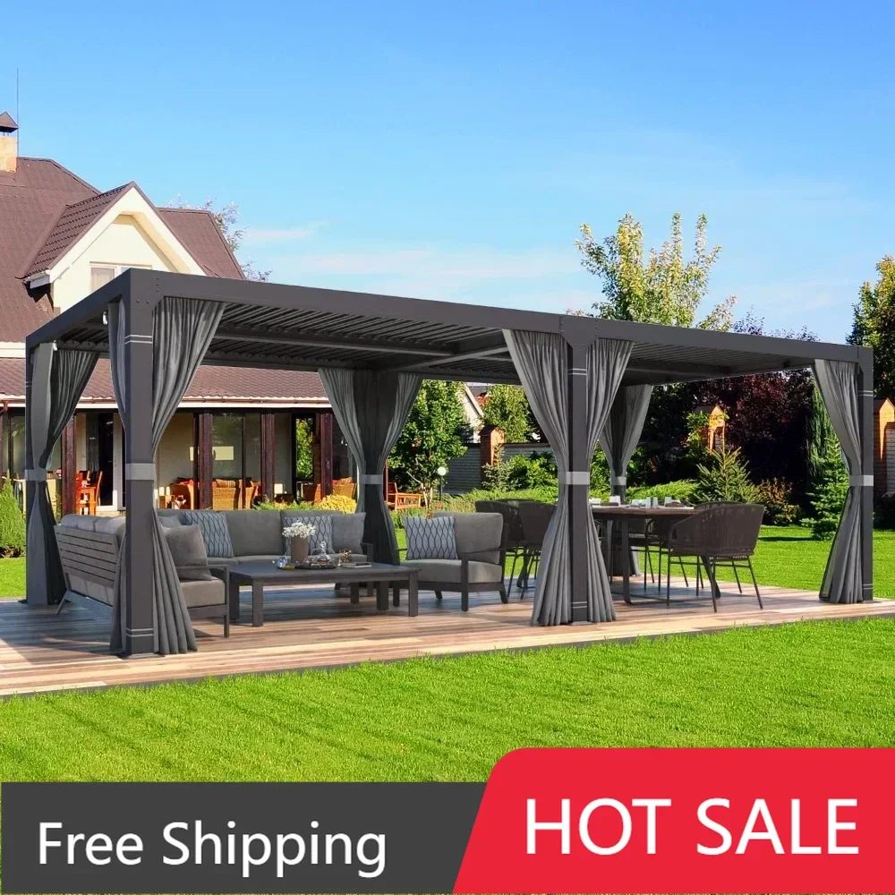 Louvered Pergola 10x20, Aluminum Pergola with Adjustable Louvered Roof, Outdoor Pergola with Waterproof Curtains and Nets, Gray