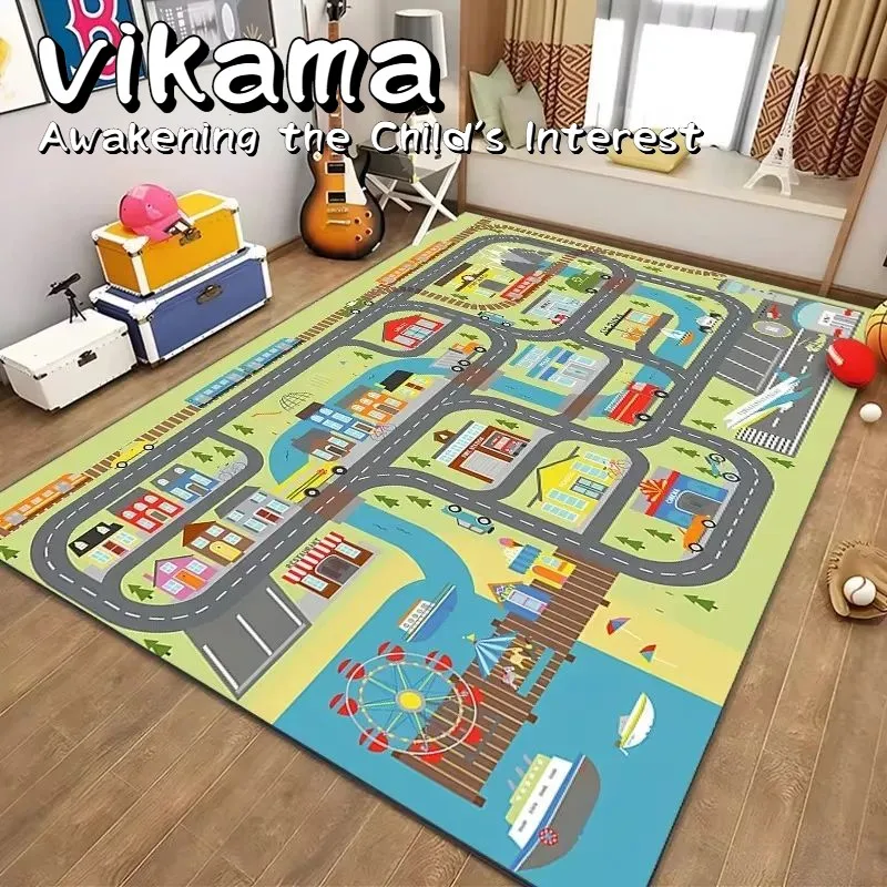 VIKAMA Kids Fun Parking Lot Car Track Carpet, Bedroom and Nursery Eco-Friendly Non-Slip Racing Game Carpet