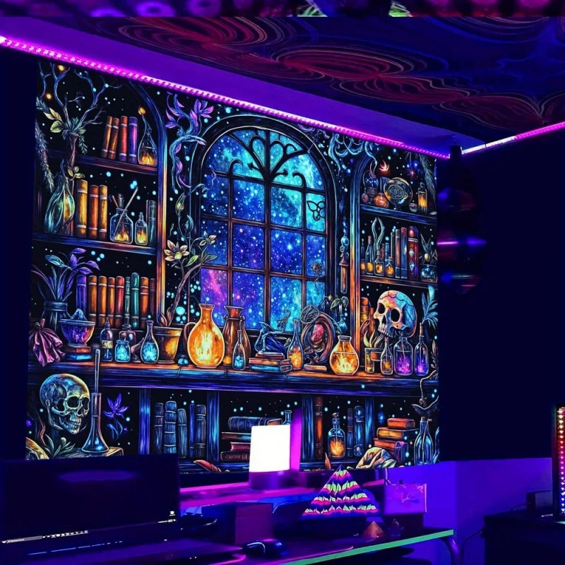 VIKAMA Neon Magic Study Tapestry Dark Party Style Decor Backdrop Bedroom Headboard Wall Cloth Dorm Renovation Room Decoration