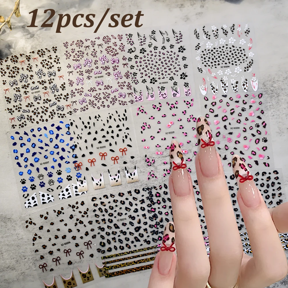 

12Pcs 3D Autumn Leopard Print Nail Art Stickers Pink/Blue/Brown Leopard & Ribbon Bow Nail Supplies Decals DIY Manicure Decoratio
